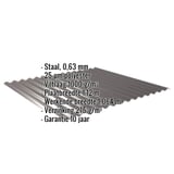 Golfplaat 18/1064 met ingebedde specificaties voor materiaal, dikte, coating en garantie