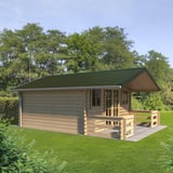 Golfplaat 18/1064 Chroomoxydegroen als dak op een tuinhuis met luifel, toepassingsvoorbeeld