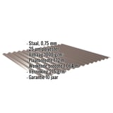 Golfplaat 18/1064 Notenbruin met ingebouwde specificaties: staal, 0,75 mm, 25 µm polyester, viltlaag 1000 g/m²
