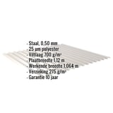 Golfplaat 18/1064 lichtgrijs met anticondensvlies, productgegevens zoals materiaal, dikte, coating getoond