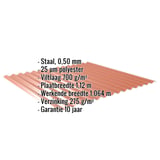 Golfplaat 18/1064 in Koperbruin, 0,50 mm, met ingebedde specificaties voor materiaal, coating en garantie