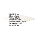 Golfplaat 18/1064 in Zuiverwit (RAL 9010) met ingebedde gegevens over materiaal, dikte en coating