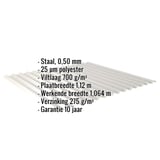 Golfplaat 18/1064 Zilver-Metallic met ingebedde specificaties voor materiaal, dikte, coating en garantie