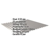 Golfplaat 18/1064, grijs aluminiumkleurig, met technische gegevens en anticondensvlies