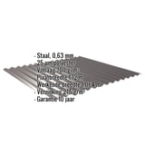 Golfplaat 18/1064 met ingebedde specificaties voor materiaal, dikte, coating en afmetingen