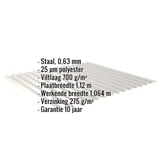 Golfplaat 18/1064 Zilver-Metallic met ingebedde technische gegevens: materiaal, dikte, coating, breedte, garantie