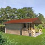 Golfplaat 18/1064 Koperbruin (RAL 8004) op het dak van een tuinhuis, toepassingsvoorbeeld