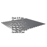 Golfplaat 18/1064 Antracietgrijs met ingebedde specificaties voor materiaal, dikte en coating, infografiek