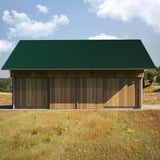 Golfplaat 18/1064 in Mosgroen als dakbedekking op een houten gebouw