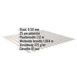 Golfplaat 18/1064, lichtgrijs, 0,50 mm, met ingebedde specificaties