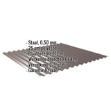 Golfplaat 18/1064 Sepiabruin, 0,50 mm staal, met ingebedde specificaties als infografiek