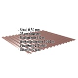 Golfplaat 18/1064 Roodbruin (RAL 8012) met ingebedde gegevens over materiaal, dikte en coating