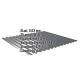 Golfplaat 18/1064 antracietgrijs met ingebedde specificaties: staal, 0,63 mm, 25 µm polyester, breedte, garantie