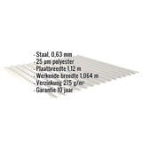 Golfplaat 18/1064, Zilver-Metallic, met ingebedde technische gegevens zoals materiaal, dikte en garantie