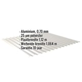 Golfplaat aluminium 0,70 mm Zilver-Metallic met ingebedde specificaties voor materiaal, coating en breedte