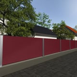 Privacyscherm van golfplaat 18/1064 in Wijnrood (RAL 3005) als toepassingsvoorbeeld in de tuin