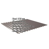 Golfplaat 18/1064 Sepiabruin (RAL 8014) met ingebedde specificaties voor materiaal, dikte en garantie