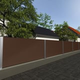 Privacyscherm van golfplaat 18/1064 in Sepiabruin (RAL 8014) als toepassingsvoorbeeld in de tuin