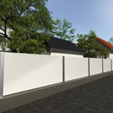 Golfplaat 18/1064, zuiverwit, als privacyscherm in de tuin met bomen en huizen