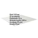 Golfplaat 18/1064, Zilver-Metallic, met ingebedde gegevens over materiaal, dikte en coating
