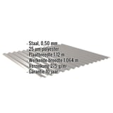 Golfplaat 18/1064, staal 0,50 mm, 25 µm polyester, grijs aluminiumkleurig, met ingebedde productgegevens