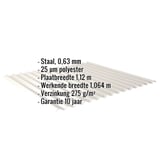 Golfplaat 18/1064 Grijswit, 0,63 mm, met ingebedde technische gegevens en garantie-informatie