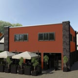 Gebouw met wandbekleding van koperbruine golfplaat 18/1064