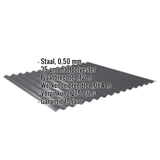 Golfplaat 18/1064 donkergrijs, 0,50 mm, met ingebedde productgegevens