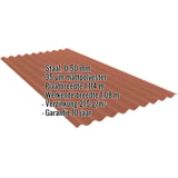 Golfplaat PF25W Terracotta, 0,50 mm staal, met ingebedde specificaties voor materiaal en afmetingen