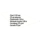 Golfplaat PF25W infografiek met specificaties: staal 0,50 mm, 25 µm polyester, plaatbreedte 1,114 m, werkende breedte 1,08 m
