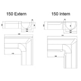 Technische tekening dakgoot binnenhoek 150 Intern en Extern met afmetingen