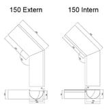 Technische tekening van een 150 mm externe en interne dakgoot hoek met afmetingen en 135 graden hoek
