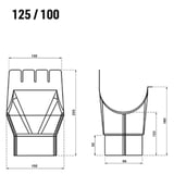 Technische tekening van de rinnenablauf met afmetingen 125/100, vooraanzicht en zijaanzicht