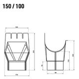 Technische tekening van de gootuitloop 150/100 met afmetingen van 140, 250, 170, 200, 125, 55, 99 mm