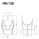 Technische tekening van de dakgootuitloop 190/120 met afmetingen in mm