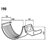 Technische tekening van de dakgootverbinder met afmetingen 190, 75, 195, 53 en 112 mm