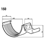 Technische tekening dakgootverbinder met afmetingen 150, 75, 160, 53, 70 mm