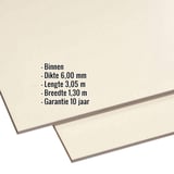 HPL plaat 6 mm beige, met ingebedde gegevens over dikte, lengte, breedte en garantie