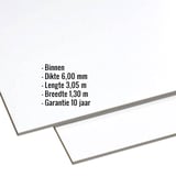 HPL plaat 6 mm, Lichtgrijs, met ingebedde productgegevens zoals dikte, lengte, breedte en garantie