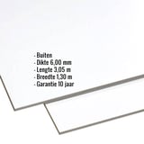 HPL plaat 6 mm, lichtgrijs, met ingebouwde gegevens over dikte, lengte, breedte en garantie
