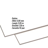 HPL plaat 6 mm Zuiverwit, kenmerken getoond: Buiten, Dikte 6,00 mm, Lengte 3,05 m, Breedte 1,30 m, Garantie 10 jaar