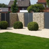 Tuinhek met donkergrijze HPL platen en schanskorven, omgeven door grind en gazon