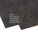 HPL plaat 8 mm leisteenlook, hoofdaanzicht met ingebedde specificaties voor dikte, lengte, breedte en garantie