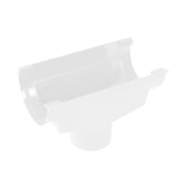 Witte PVC dakgoot afvoer van Plastmo, halfronde vorm bovenaan, ronde buis onderaan