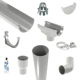 Grijs PVC dakgoot voordeelpakket met alle onderdelen zoals goot, regenpijp, bocht, beugel