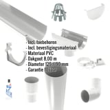 PVC dakgoot voordeelpakket, grijze dakgoot en accessoires met ingebedde hoekgegevens