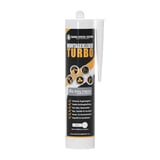 Montagelijm Turbo wit, koker met zwart etiket en witte tekst, ingebedde eigenschappen