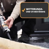 Montagelijm Turbo zwart wordt op een houten lat aangebracht, tekst Weer- en UV-bestendig