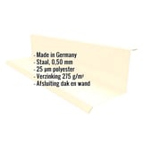 Wandaansluiting type 1, licht ivoorkleurig, met ingebedde gegevens over materiaal, dikte en coating