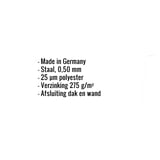 Infographic met specificaties: Made in Germany, staal 0,50 mm, 25 µm polyester, verzinking 275 g/m², afsluiting dak en wand